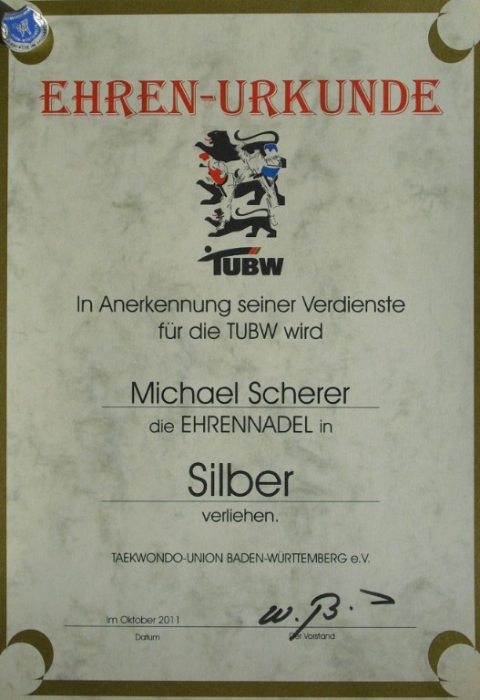 Urkunde - Ehrennadel silber der TUBW Urkunde - Ehrennadel silber der TUBW